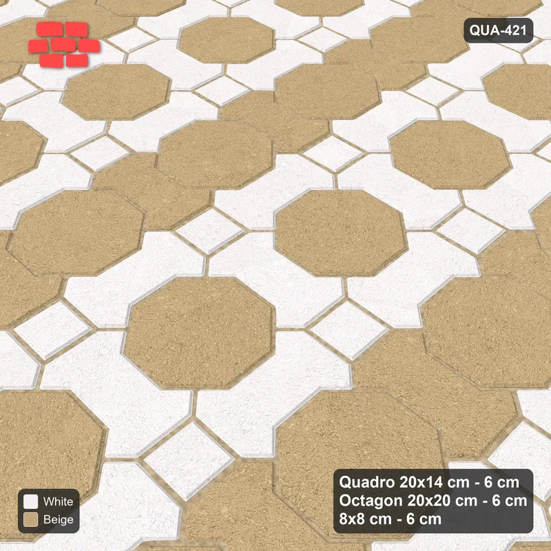 Interlock (Pasco) 20x14 cm · QUA-421 · Quadro-Octagon-8x8 grid, alternating Quadro files (Ivory & Sand), no kerb · Side view Interlock (Pasco) 20x14 cm · QUA-421 · Quadro-Octagon-8x8 grid, alternating Quadro files (Ivory & Sand), no kerb · Side view