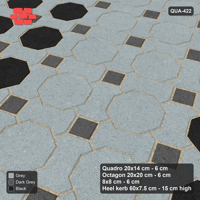 Interlock (Pasco) 20x14 cm · QUA-422 · Quadro-Octagon-8x8 grid, vertical octagon band, 22 deg (Graphite Scale), Heel kerb 75x150x600 kerb · Side view Interlock (Pasco) 20x14 cm · QUA-422 · Quadro-Octagon-8x8 grid, vertical octagon band, 22 deg (Graphite Scale), Heel kerb 75x150x600 kerb · Side view