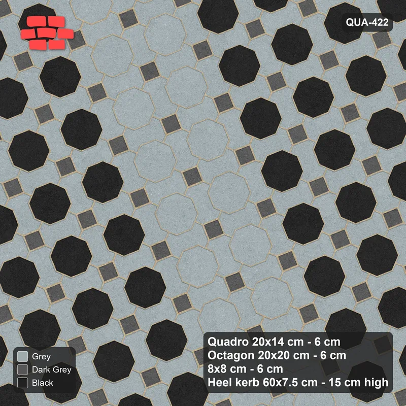 Interlock (Pasco) 20x14 cm · QUA-422 · Quadro-Octagon-8x8 grid, vertical octagon band, 22 deg (Graphite Scale), Heel kerb 75x150x600 kerb · Top view Interlock (Pasco) 20x14 cm · QUA-422 · Quadro-Octagon-8x8 grid, vertical octagon band, 22 deg (Graphite Scale), Heel kerb 75x150x600 kerb · Top view