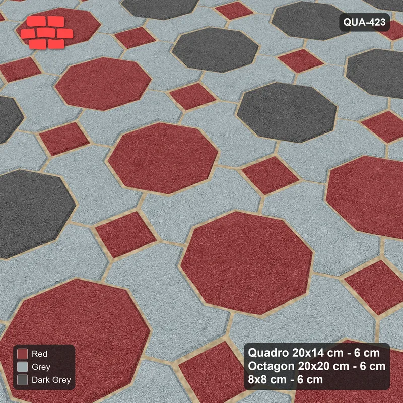 Interlock (Pasco) 20x14 cm · QUA-423 · Quadro-Octagon-8x8 grid, octagon cross, 75 deg (Urban Brick), no kerb · Side view Interlock (Pasco) 20x14 cm · QUA-423 · Quadro-Octagon-8x8 grid, octagon cross, 75 deg (Urban Brick), no kerb · Side view