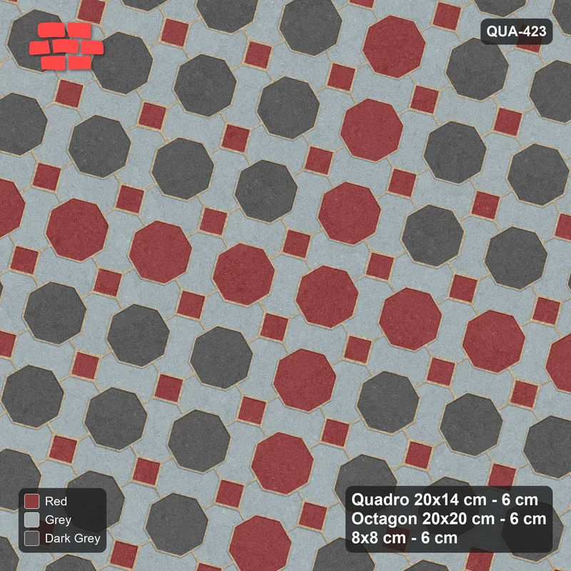 Interlock (Pasco) 20x14 cm · QUA-423 · Quadro-Octagon-8x8 grid, octagon cross, 75 deg (Urban Brick), no kerb · Top view Interlock (Pasco) 20x14 cm · QUA-423 · Quadro-Octagon-8x8 grid, octagon cross, 75 deg (Urban Brick), no kerb · Top view