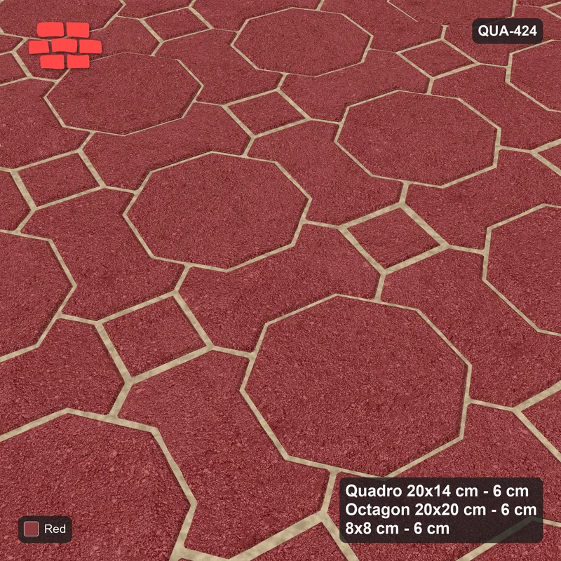 Interlock (Pasco) 20x14 cm · QUA-424 · Quadro-Octagon-8x8 grid, uniform roles, 75 deg (Terracotta Red), Kerb 40B kerb · Side view Interlock (Pasco) 20x14 cm · QUA-424 · Quadro-Octagon-8x8 grid, uniform roles, 75 deg (Terracotta Red), Kerb 40B kerb · Side view