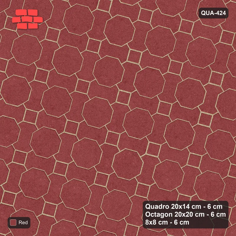 Interlock (Pasco) 20x14 cm · QUA-424 · Quadro-Octagon-8x8 grid, uniform roles, 75 deg (Terracotta Red), Kerb 40B kerb · Top view Interlock (Pasco) 20x14 cm · QUA-424 · Quadro-Octagon-8x8 grid, uniform roles, 75 deg (Terracotta Red), Kerb 40B kerb · Top view