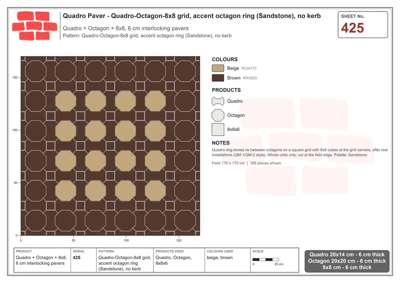 Interlock (Pasco) 20x14 cm · QUA-425 · Quadro-Octagon-8x8 grid, accent octagon ring (Sandstone), no kerb · Laying plan