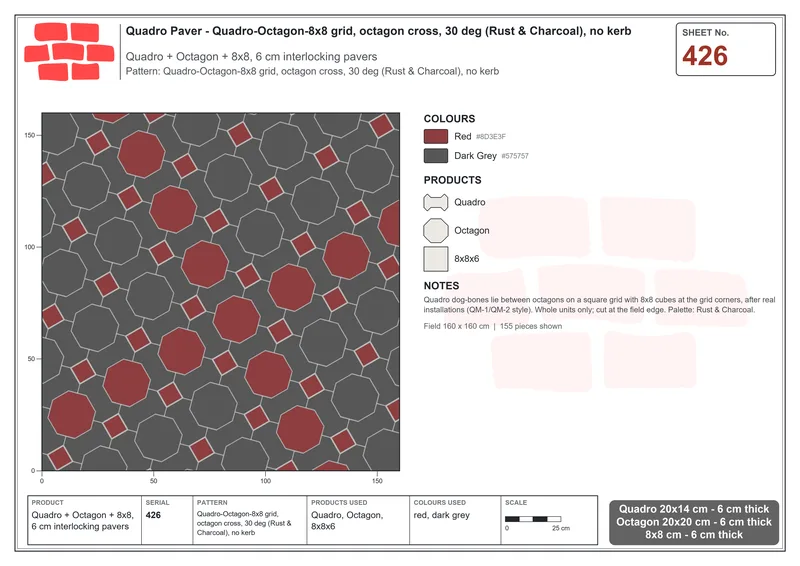 Interlock (Pasco) 20x14 cm · QUA-426 · Quadro-Octagon-8x8 grid, octagon cross, 30 deg (Rust & Charcoal), no kerb · Laying plan