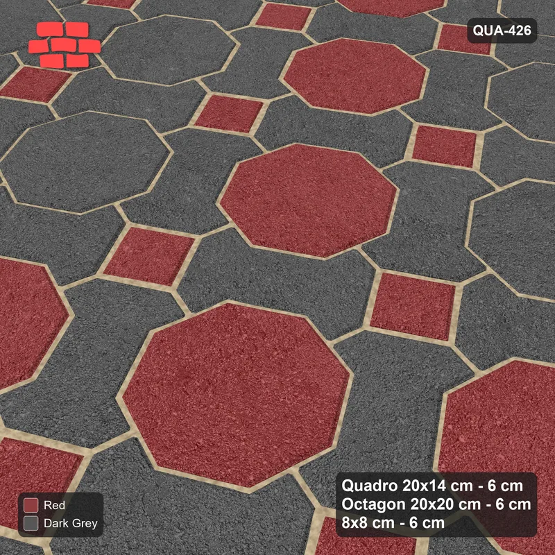 Interlock (Pasco) 20x14 cm · QUA-426 · Quadro-Octagon-8x8 grid, octagon cross, 30 deg (Rust & Charcoal), no kerb · Side view Interlock (Pasco) 20x14 cm · QUA-426 · Quadro-Octagon-8x8 grid, octagon cross, 30 deg (Rust & Charcoal), no kerb · Side view