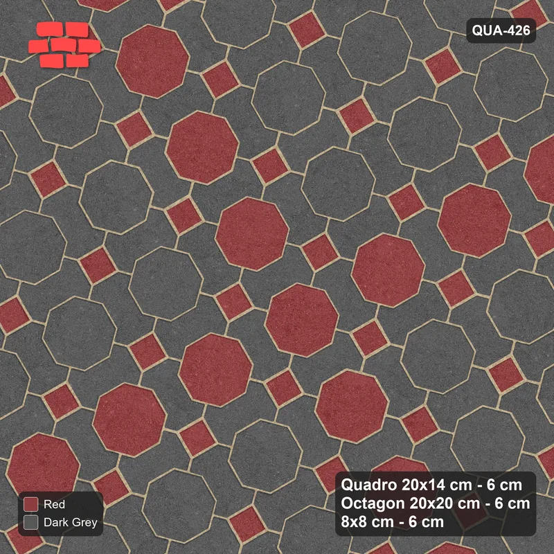 Interlock (Pasco) 20x14 cm · QUA-426 · Quadro-Octagon-8x8 grid, octagon cross, 30 deg (Rust & Charcoal), no kerb · Top view Interlock (Pasco) 20x14 cm · QUA-426 · Quadro-Octagon-8x8 grid, octagon cross, 30 deg (Rust & Charcoal), no kerb · Top view