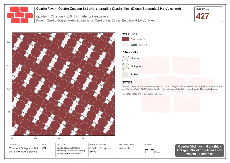 Interlock (Pasco) 20x14 cm · QUA-427 · Quadro-Octagon-8x8 grid, alternating Quadro files, 60 deg (Burgundy & Ivory), no kerb · Laying plan