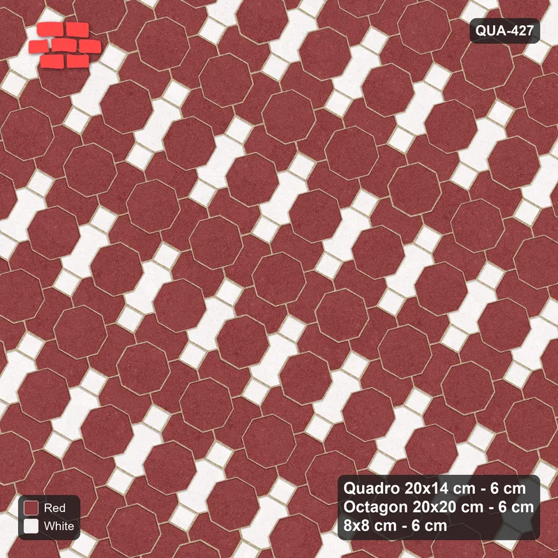 Interlock (Pasco) 20x14 cm · QUA-427 · Quadro-Octagon-8x8 grid, alternating Quadro files, 60 deg (Burgundy & Ivory), no kerb · Top view Interlock (Pasco) 20x14 cm · QUA-427 · Quadro-Octagon-8x8 grid, alternating Quadro files, 60 deg (Burgundy & Ivory), no kerb · Top view