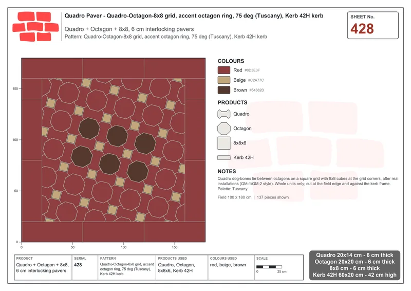 Interlock (Pasco) 20x14 cm · QUA-428 · Quadro-Octagon-8x8 grid, accent octagon ring, 75 deg (Tuscany), Kerb 42H kerb · Laying plan