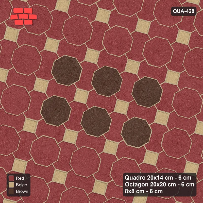 Interlock (Pasco) 20x14 cm · QUA-428 · Quadro-Octagon-8x8 grid, accent octagon ring, 75 deg (Tuscany), Kerb 42H kerb · Top view Interlock (Pasco) 20x14 cm · QUA-428 · Quadro-Octagon-8x8 grid, accent octagon ring, 75 deg (Tuscany), Kerb 42H kerb · Top view