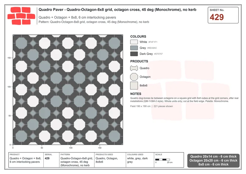 Interlock (Pasco) 20x14 cm · QUA-429 · Quadro-Octagon-8x8 grid, octagon cross, 45 deg (Monochrome), no kerb · Laying plan