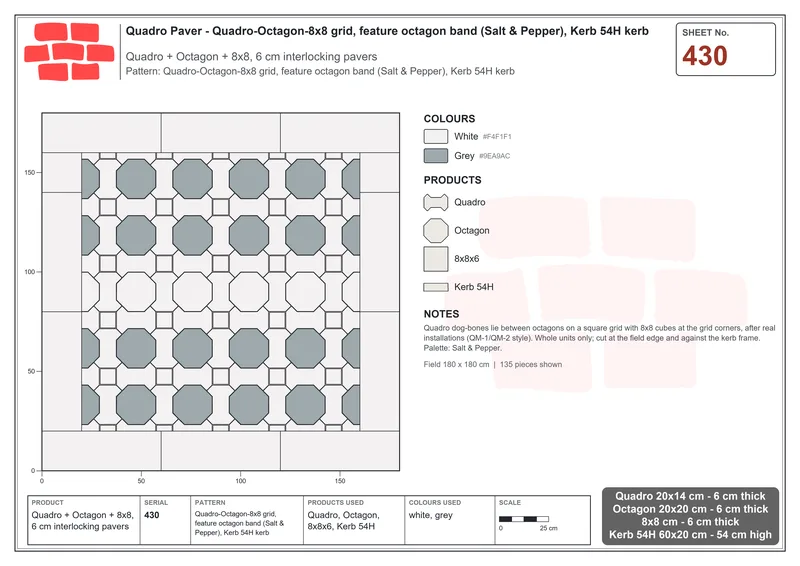 Interlock (Pasco) 20x14 cm · QUA-430 · Quadro-Octagon-8x8 grid, feature octagon band (Salt & Pepper), Kerb 54H kerb · Laying plan