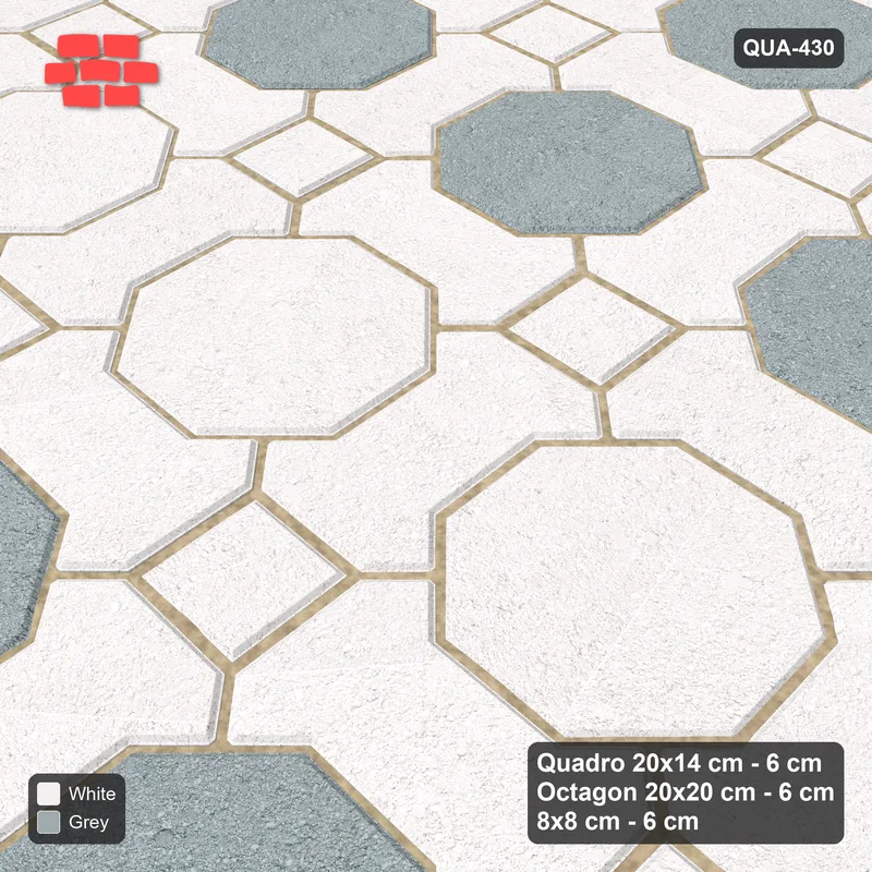 Interlock (Pasco) 20x14 cm · QUA-430 · Quadro-Octagon-8x8 grid, feature octagon band (Salt & Pepper), Kerb 54H kerb · Side view Interlock (Pasco) 20x14 cm · QUA-430 · Quadro-Octagon-8x8 grid, feature octagon band (Salt & Pepper), Kerb 54H kerb · Side view