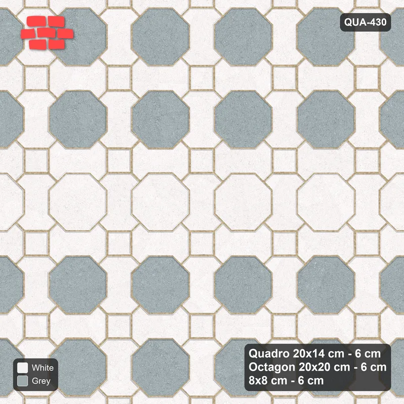 Interlock (Pasco) 20x14 cm · QUA-430 · Quadro-Octagon-8x8 grid, feature octagon band (Salt & Pepper), Kerb 54H kerb · Top view Interlock (Pasco) 20x14 cm · QUA-430 · Quadro-Octagon-8x8 grid, feature octagon band (Salt & Pepper), Kerb 54H kerb · Top view