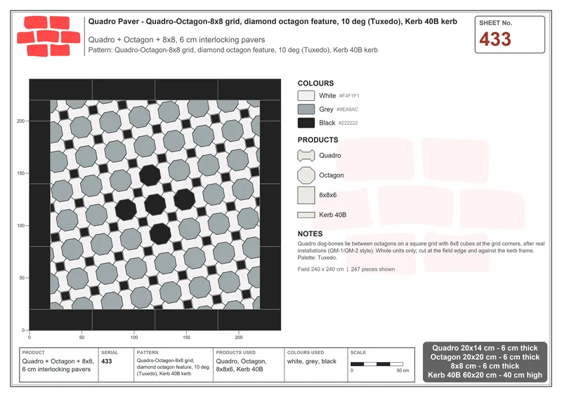 Interlock (Pasco) 20x14 cm · QUA-433 · Quadro-Octagon-8x8 grid, diamond octagon feature, 10 deg (Tuxedo), Kerb 40B kerb · Laying plan