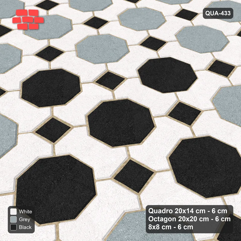 Interlock (Pasco) 20x14 cm · QUA-433 · Quadro-Octagon-8x8 grid, diamond octagon feature, 10 deg (Tuxedo), Kerb 40B kerb · Side view Interlock (Pasco) 20x14 cm · QUA-433 · Quadro-Octagon-8x8 grid, diamond octagon feature, 10 deg (Tuxedo), Kerb 40B kerb · Side view