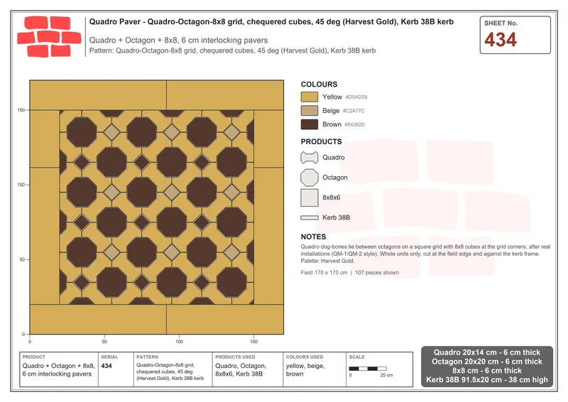 Interlock (Pasco) 20x14 cm · QUA-434 · Quadro-Octagon-8x8 grid, chequered cubes, 45 deg (Harvest Gold), Kerb 38B kerb · Laying plan