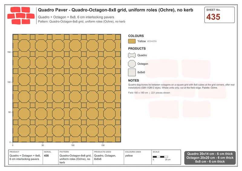 Interlock (Pasco) 20x14 cm · QUA-435 · Quadro-Octagon-8x8 grid, uniform roles (Ochre), no kerb · Laying plan