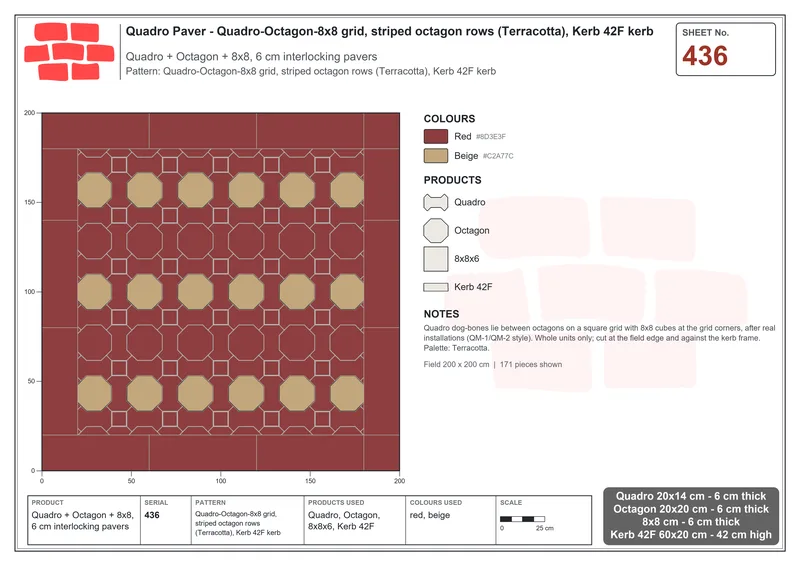 Interlock (Pasco) 20x14 cm · QUA-436 · Quadro-Octagon-8x8 grid, striped octagon rows (Terracotta), Kerb 42F kerb · Laying plan