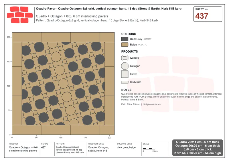 Interlock (Pasco) 20x14 cm · QUA-437 · Quadro-Octagon-8x8 grid, vertical octagon band, 15 deg (Stone & Earth), Kerb 54B kerb · Laying plan