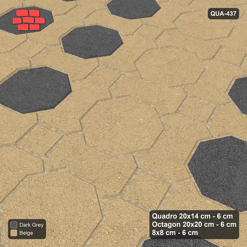Interlock (Pasco) 20x14 cm · QUA-437 · Quadro-Octagon-8x8 grid, vertical octagon band, 15 deg (Stone & Earth), Kerb 54B kerb · Side view Interlock (Pasco) 20x14 cm · QUA-437 · Quadro-Octagon-8x8 grid, vertical octagon band, 15 deg (Stone & Earth), Kerb 54B kerb · Side view