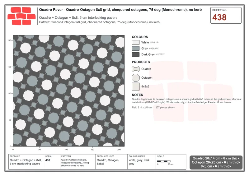 Interlock (Pasco) 20x14 cm · QUA-438 · Quadro-Octagon-8x8 grid, chequered octagons, 75 deg (Monochrome), no kerb · Laying plan