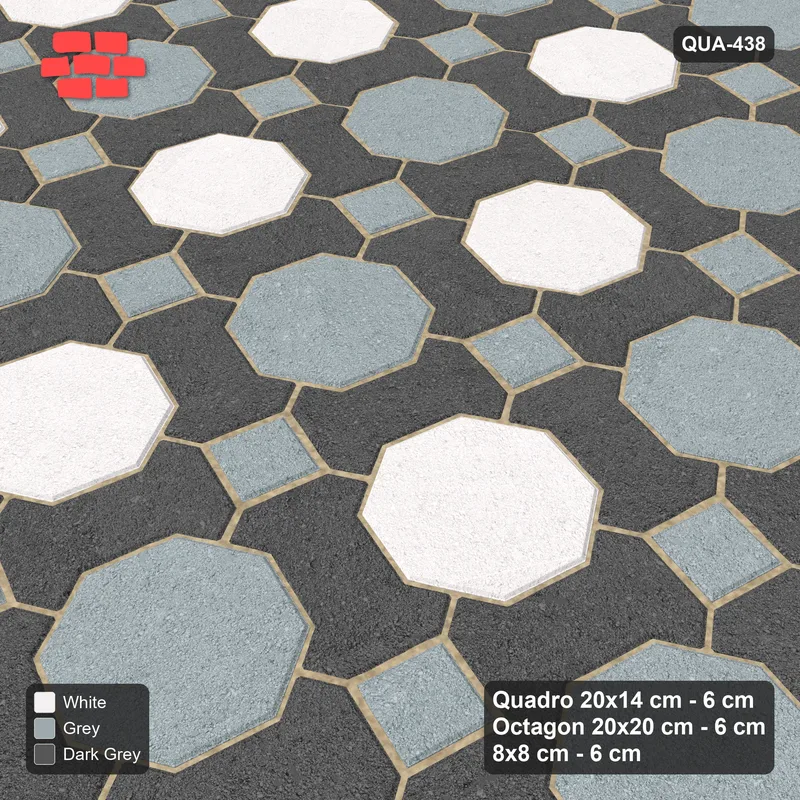 Interlock (Pasco) 20x14 cm · QUA-438 · Quadro-Octagon-8x8 grid, chequered octagons, 75 deg (Monochrome), no kerb · Side view Interlock (Pasco) 20x14 cm · QUA-438 · Quadro-Octagon-8x8 grid, chequered octagons, 75 deg (Monochrome), no kerb · Side view