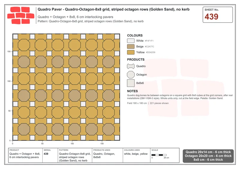 Interlock (Pasco) 20x14 cm · QUA-439 · Quadro-Octagon-8x8 grid, striped octagon rows (Golden Sand), no kerb · Laying plan