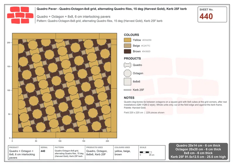 Interlock (Pasco) 20x14 cm · QUA-440 · Quadro-Octagon-8x8 grid, alternating Quadro files, 15 deg (Harvest Gold), Kerb 25F kerb · Laying plan