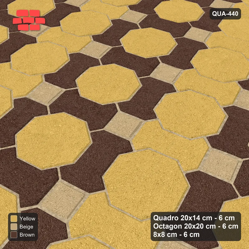 Interlock (Pasco) 20x14 cm · QUA-440 · Quadro-Octagon-8x8 grid, alternating Quadro files, 15 deg (Harvest Gold), Kerb 25F kerb · Side view Interlock (Pasco) 20x14 cm · QUA-440 · Quadro-Octagon-8x8 grid, alternating Quadro files, 15 deg (Harvest Gold), Kerb 25F kerb · Side view