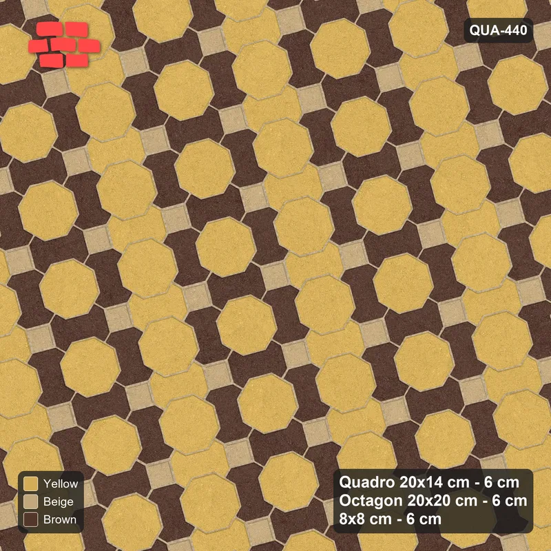 Interlock (Pasco) 20x14 cm · QUA-440 · Quadro-Octagon-8x8 grid, alternating Quadro files, 15 deg (Harvest Gold), Kerb 25F kerb · Top view Interlock (Pasco) 20x14 cm · QUA-440 · Quadro-Octagon-8x8 grid, alternating Quadro files, 15 deg (Harvest Gold), Kerb 25F kerb · Top view
