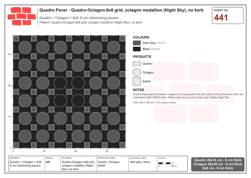 Interlock (Pasco) 20x14 cm · QUA-441 · Quadro-Octagon-8x8 grid, octagon medallion (Night Sky), no kerb · Laying plan