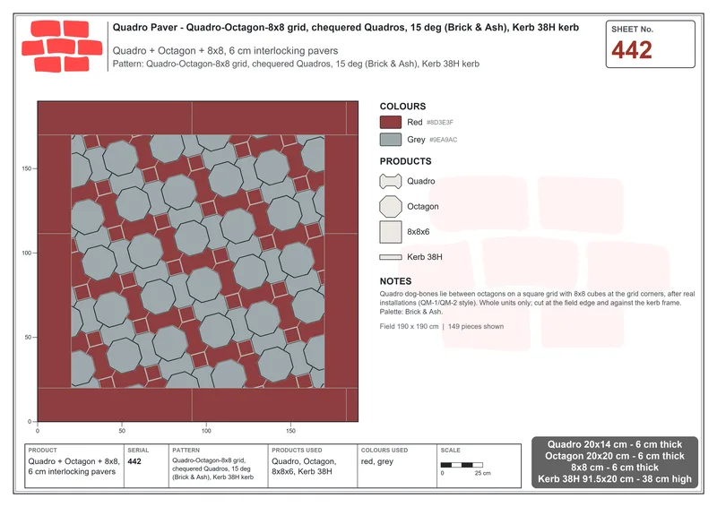 Interlock (Pasco) 20x14 cm · QUA-442 · Quadro-Octagon-8x8 grid, chequered Quadros, 15 deg (Brick & Ash), Kerb 38H kerb · Laying plan