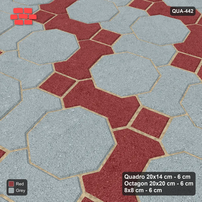 Interlock (Pasco) 20x14 cm · QUA-442 · Quadro-Octagon-8x8 grid, chequered Quadros, 15 deg (Brick & Ash), Kerb 38H kerb · Side view Interlock (Pasco) 20x14 cm · QUA-442 · Quadro-Octagon-8x8 grid, chequered Quadros, 15 deg (Brick & Ash), Kerb 38H kerb · Side view
