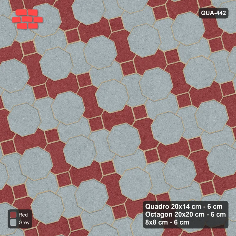 Interlock (Pasco) 20x14 cm · QUA-442 · Quadro-Octagon-8x8 grid, chequered Quadros, 15 deg (Brick & Ash), Kerb 38H kerb · Top view Interlock (Pasco) 20x14 cm · QUA-442 · Quadro-Octagon-8x8 grid, chequered Quadros, 15 deg (Brick & Ash), Kerb 38H kerb · Top view