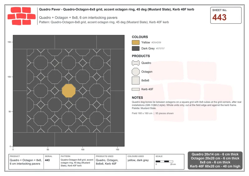 Interlock (Pasco) 20x14 cm · QUA-443 · Quadro-Octagon-8x8 grid, accent octagon ring, 45 deg (Mustard Slate), Kerb 40F kerb · Laying plan