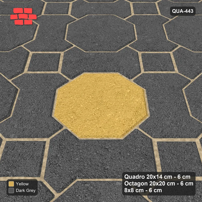 Interlock (Pasco) 20x14 cm · QUA-443 · Quadro-Octagon-8x8 grid, accent octagon ring, 45 deg (Mustard Slate), Kerb 40F kerb · Side view Interlock (Pasco) 20x14 cm · QUA-443 · Quadro-Octagon-8x8 grid, accent octagon ring, 45 deg (Mustard Slate), Kerb 40F kerb · Side view