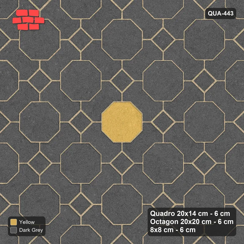 Interlock (Pasco) 20x14 cm · QUA-443 · Quadro-Octagon-8x8 grid, accent octagon ring, 45 deg (Mustard Slate), Kerb 40F kerb · Top view Interlock (Pasco) 20x14 cm · QUA-443 · Quadro-Octagon-8x8 grid, accent octagon ring, 45 deg (Mustard Slate), Kerb 40F kerb · Top view