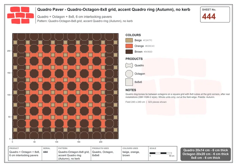 Interlock (Pasco) 20x14 cm · QUA-444 · Quadro-Octagon-8x8 grid, accent Quadro ring (Autumn), no kerb · Laying plan