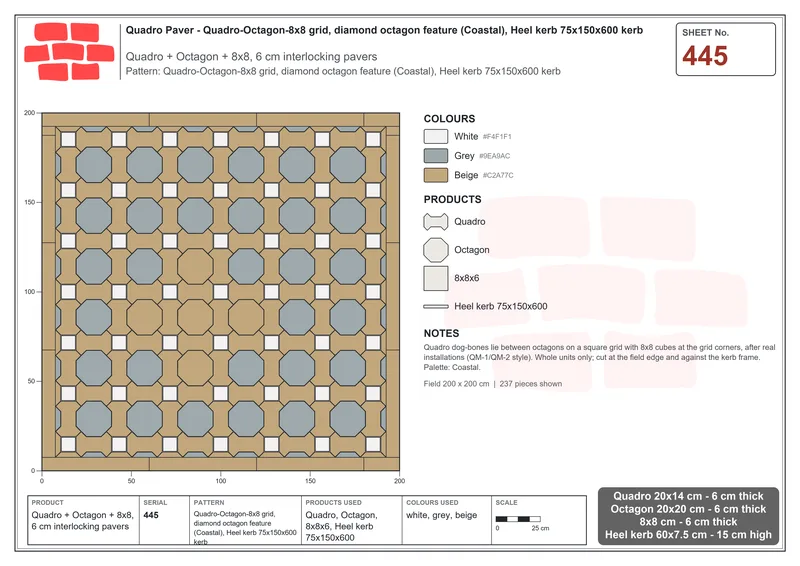 Interlock (Pasco) 20x14 cm · QUA-445 · Quadro-Octagon-8x8 grid, diamond octagon feature (Coastal), Heel kerb 75x150x600 kerb · Laying plan