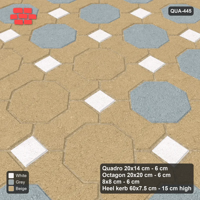 Interlock (Pasco) 20x14 cm · QUA-445 · Quadro-Octagon-8x8 grid, diamond octagon feature (Coastal), Heel kerb 75x150x600 kerb · Side view Interlock (Pasco) 20x14 cm · QUA-445 · Quadro-Octagon-8x8 grid, diamond octagon feature (Coastal), Heel kerb 75x150x600 kerb · Side view