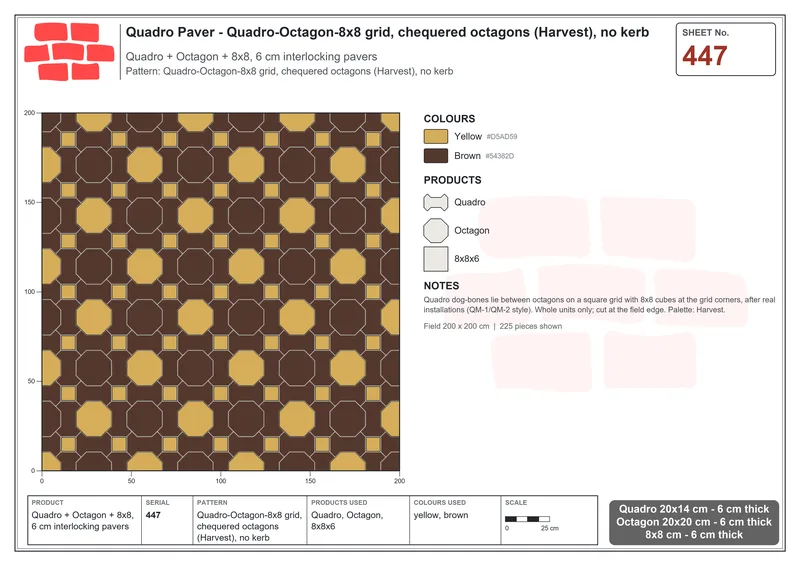 Interlock (Pasco) 20x14 cm · QUA-447 · Quadro-Octagon-8x8 grid, chequered octagons (Harvest), no kerb · Laying plan