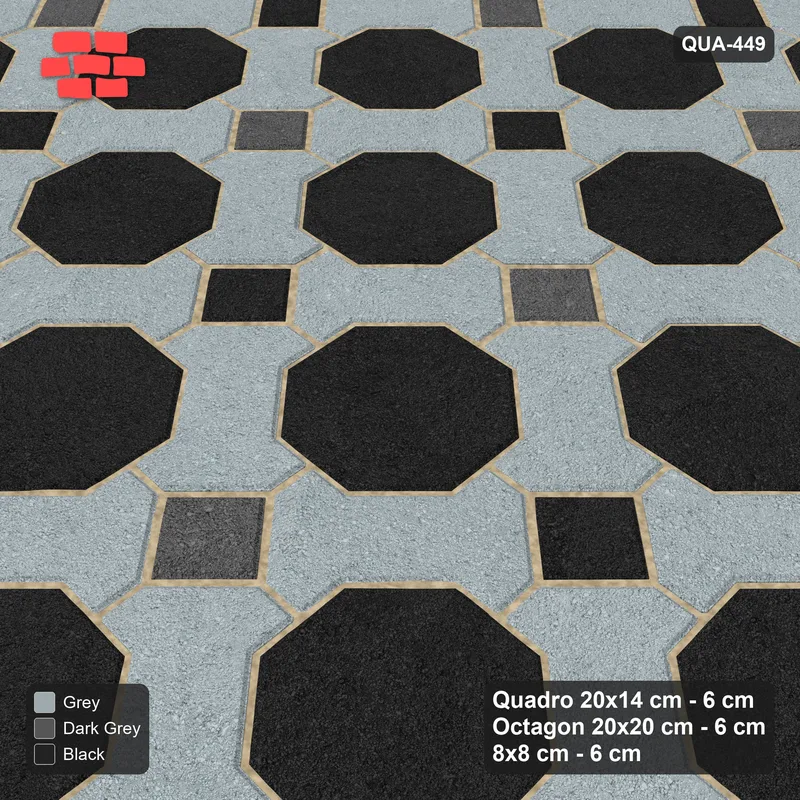 Interlock (Pasco) 20x14 cm · QUA-449 · Quadro-Octagon-8x8 grid, chequered cubes, 45 deg (Graphite Scale), Kerb 25F kerb · Side view Interlock (Pasco) 20x14 cm · QUA-449 · Quadro-Octagon-8x8 grid, chequered cubes, 45 deg (Graphite Scale), Kerb 25F kerb · Side view