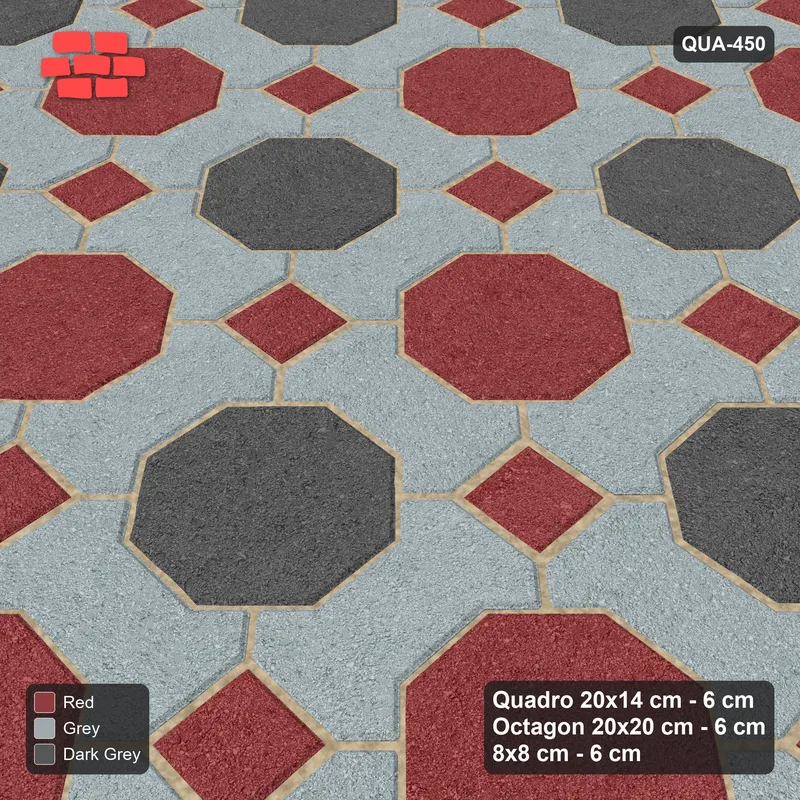 Interlock (Pasco) 20x14 cm · QUA-450 · Quadro-Octagon-8x8 grid, chequered octagons (Urban Brick), no kerb · Side view Interlock (Pasco) 20x14 cm · QUA-450 · Quadro-Octagon-8x8 grid, chequered octagons (Urban Brick), no kerb · Side view