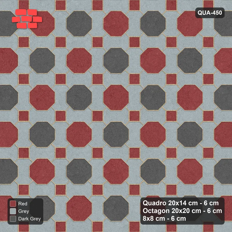 Interlock (Pasco) 20x14 cm · QUA-450 · Quadro-Octagon-8x8 grid, chequered octagons (Urban Brick), no kerb · Top view Interlock (Pasco) 20x14 cm · QUA-450 · Quadro-Octagon-8x8 grid, chequered octagons (Urban Brick), no kerb · Top view