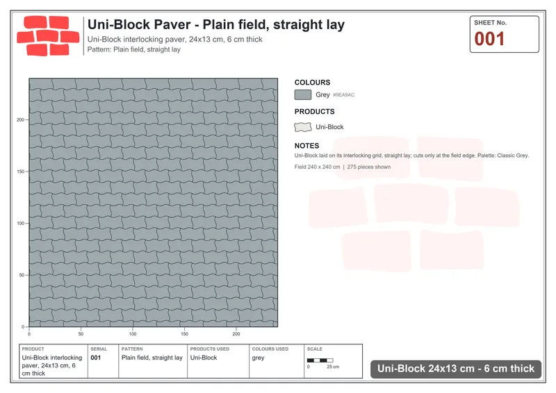 Interlock (Pasco) 24x13 cm · UNI-001 · Plain field, straight lay · Laying plan