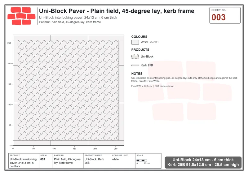 Interlock (Pasco) 24x13 cm · UNI-003 · Plain field, 45-degree lay, kerb frame · Laying plan