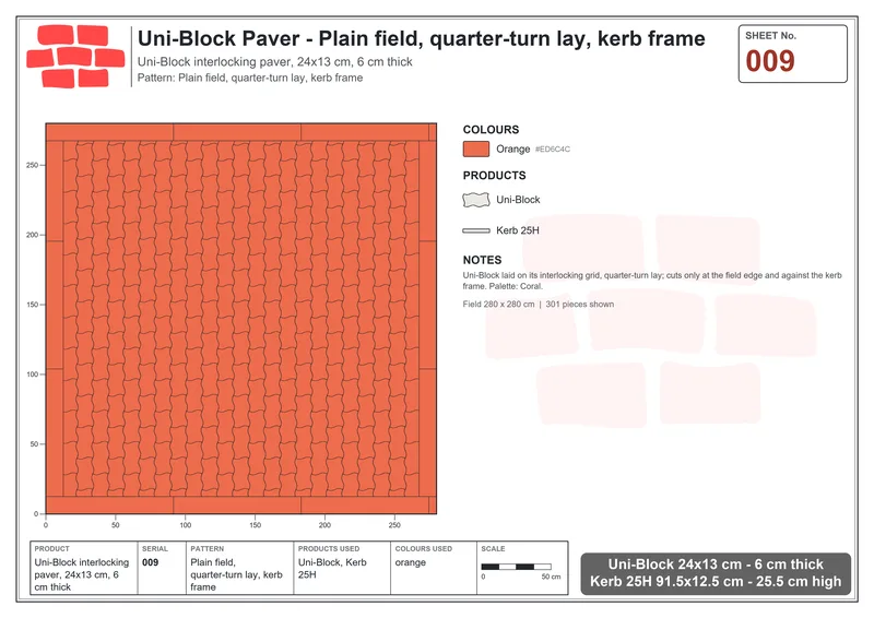 Interlock (Pasco) 24x13 cm · UNI-009 · Plain field, quarter-turn lay, kerb frame · Laying plan