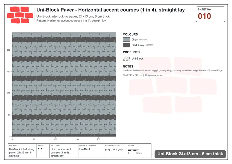 Interlock (Pasco) 24x13 cm · UNI-010 · Horizontal accent courses (1 in 4), straight lay · Laying plan